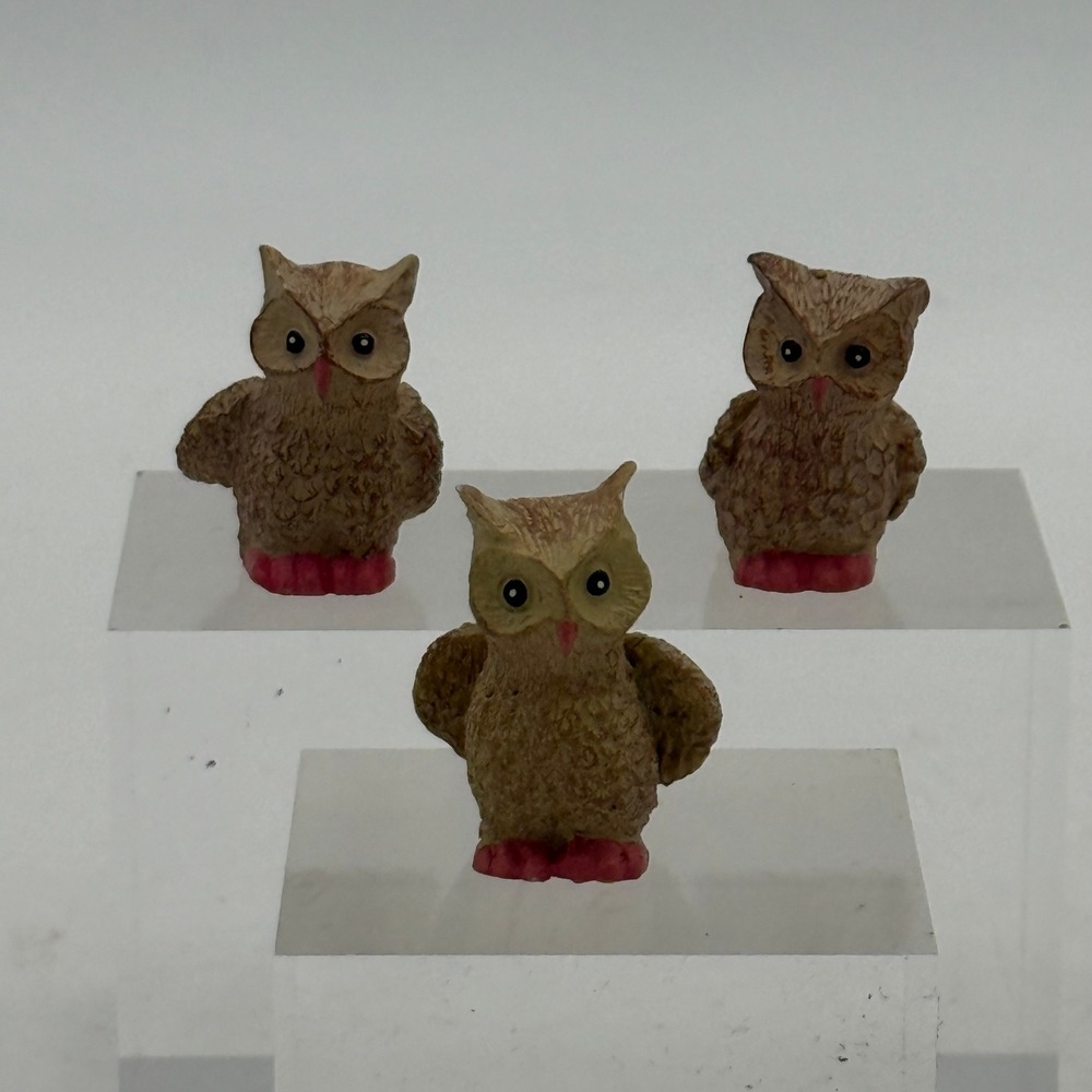 Set of 3 Miniature Owl Figurines Brown Textured Woodland Bird Decor 1.5 Inch